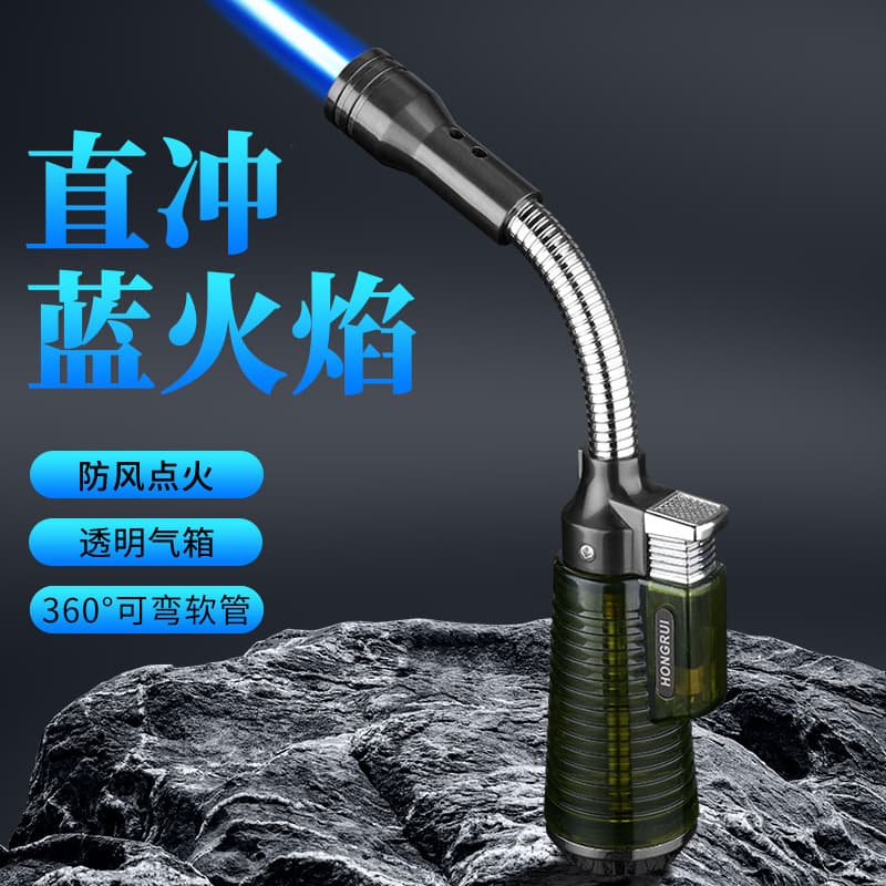 Extended elbow windproof straight-through lighter with see-through air chamber metal hose small welding gun outdoor barbecue igniter
