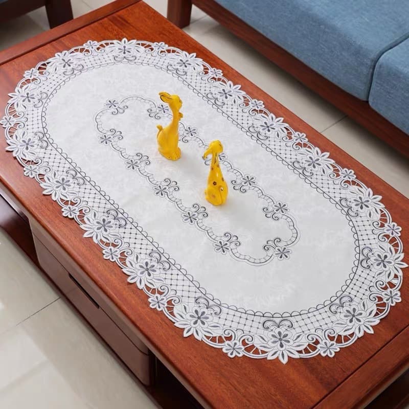 Cross-border hot-selling oval coffee table cloth, modern simple embroidery cutwork living room table cover