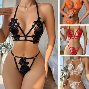 European and American Style Lace Hollow Lingerie Set, Push-up Sexy Three-Point Embroidered Bra and Panty Set for Cross-border