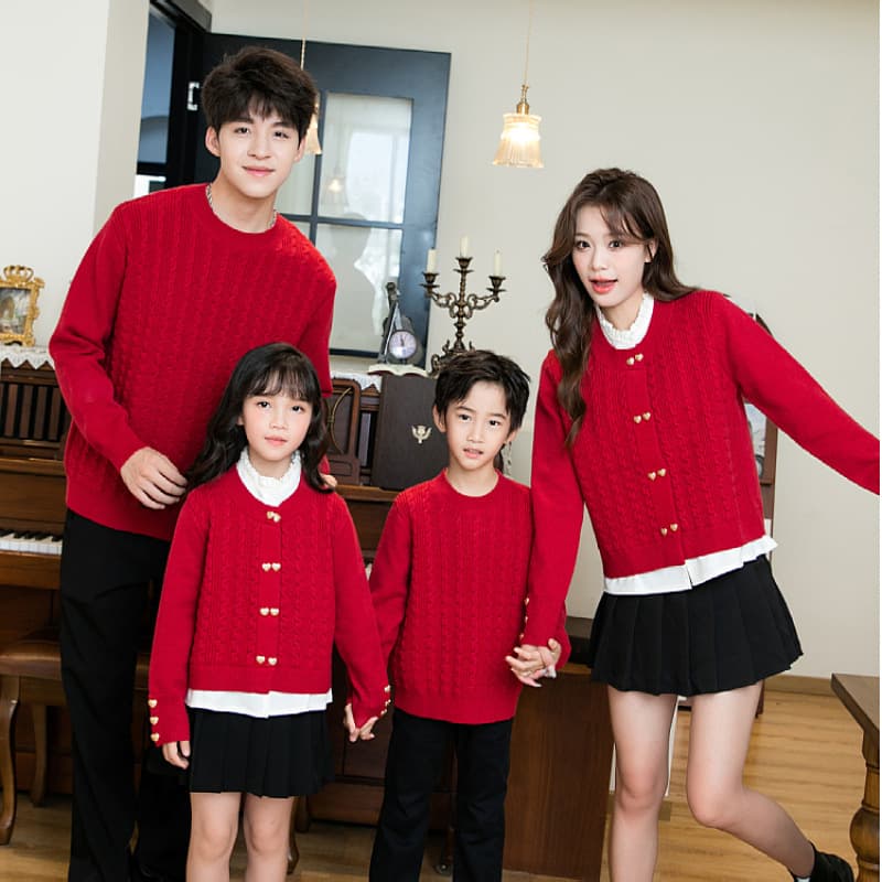Fall/Winter Family Matching Red Sweater - Men's Crew Neck Pullover, Women's Cardigan with Buttons, Kids' Style, Couples and Family Outfits