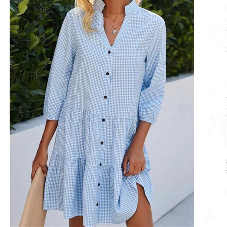 2023 Amazon Cross-Border European and American Women's Spring Five-Sleeve Plaid Stand Collar Shirt Dress