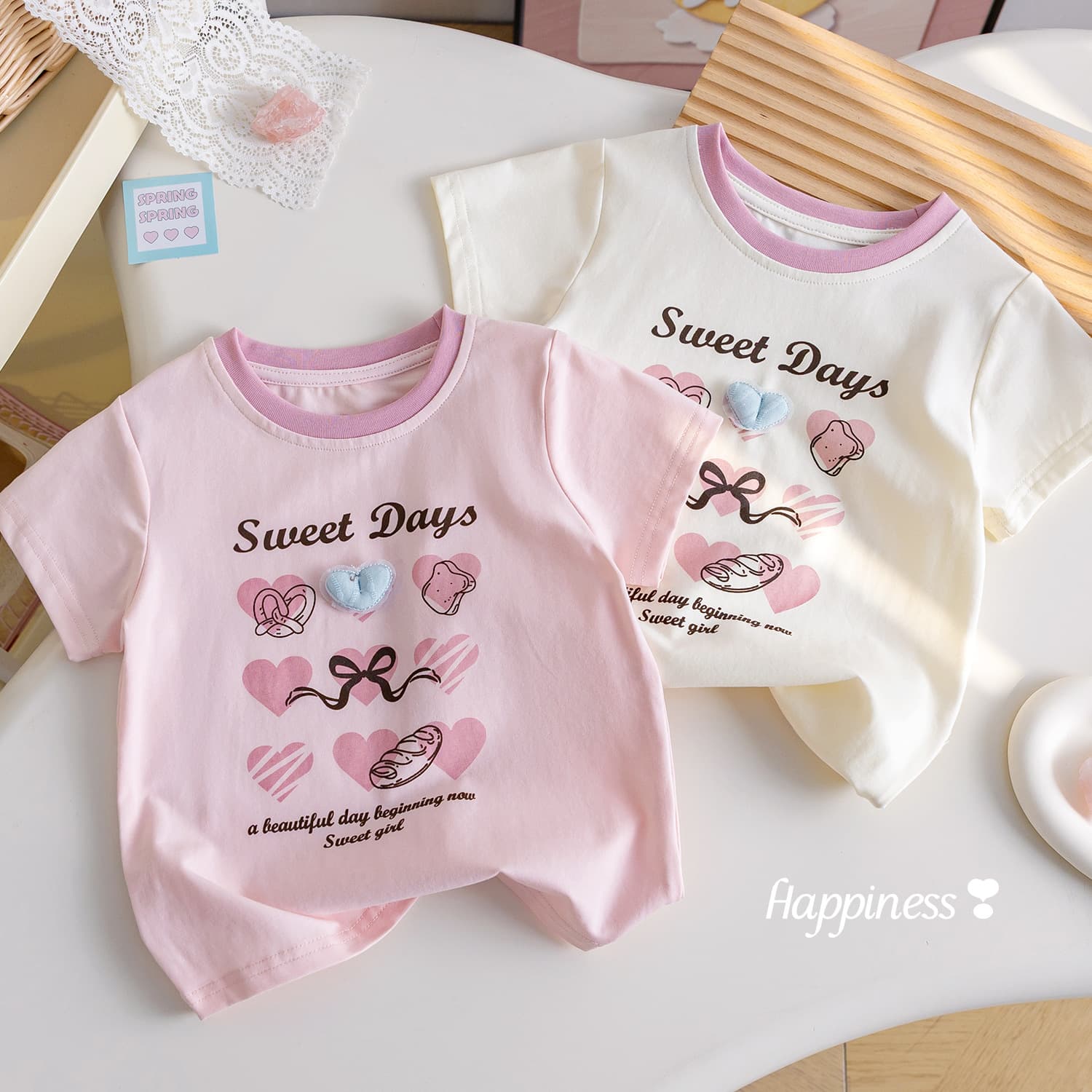 Girls Summer Clothing Korean Style Cartoon Print Short Sleeve T-Shirt Fashionable 3D Heart Patchwork Contrast Color Summer Top
