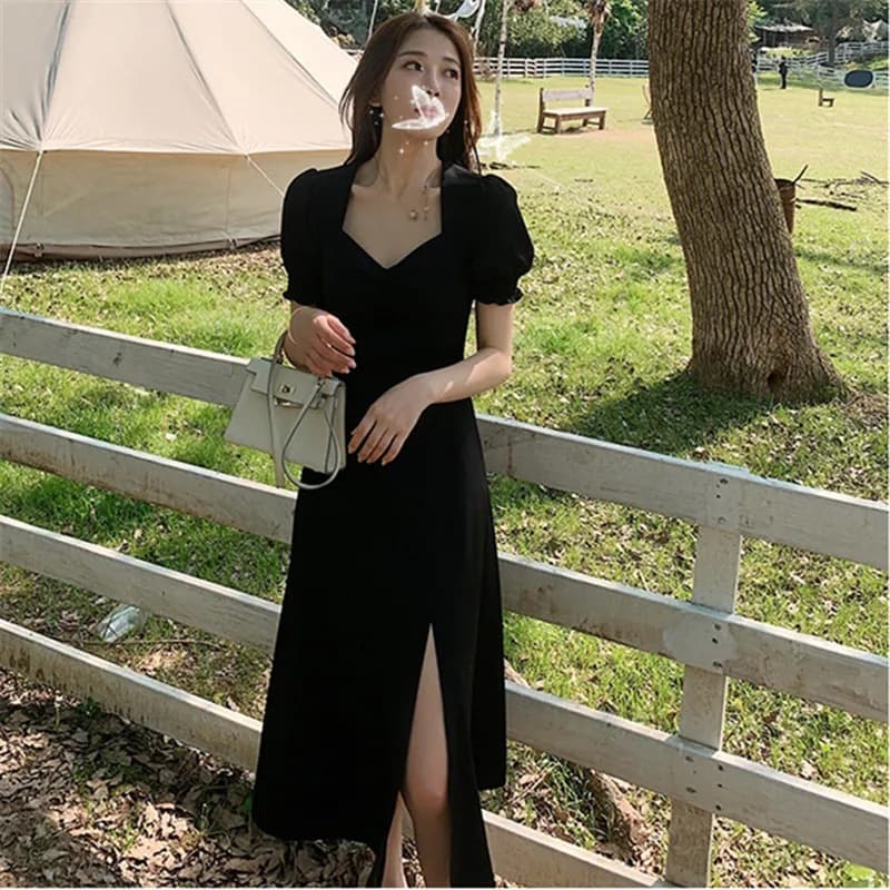 Black Dress Women 2025 New Summer Square Neck Side Slit Long Dress Elegant Hepburn Style Little Black Dress