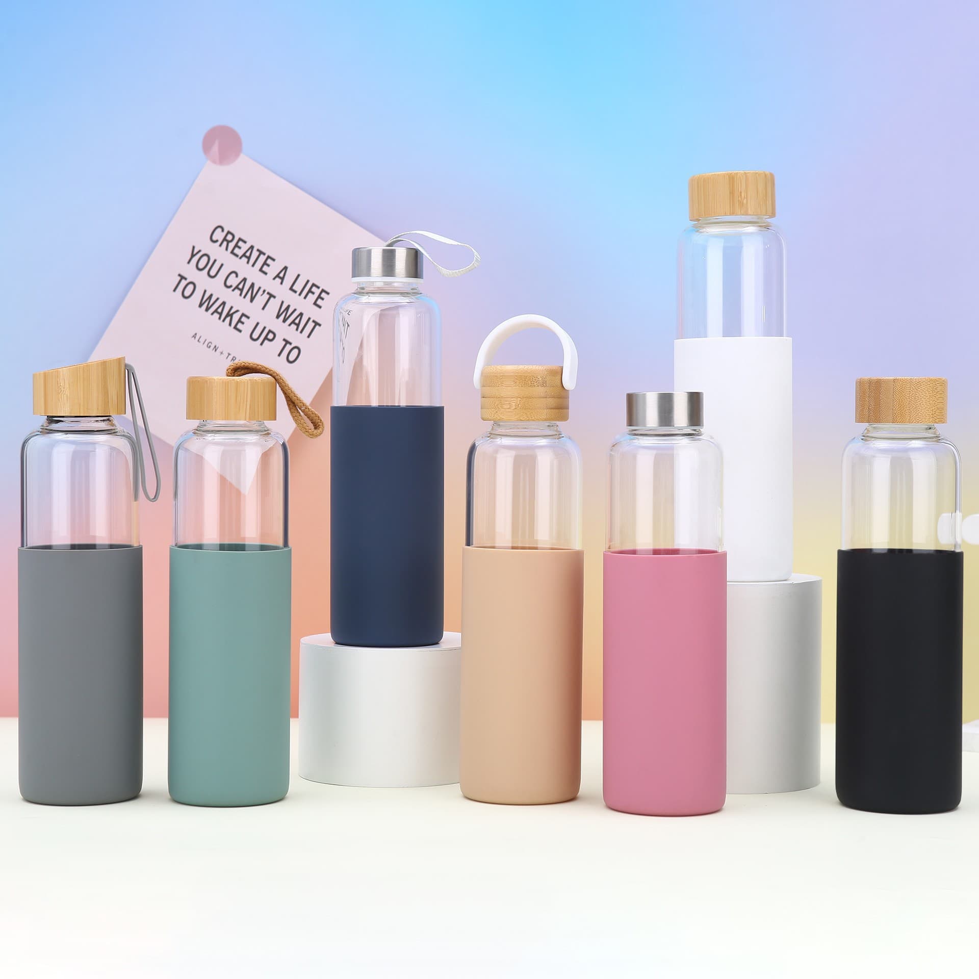 Cross-border supply of high borosilicate glass, anti-scalding silicone cover, bamboo cover, portable water cup, customizable logo