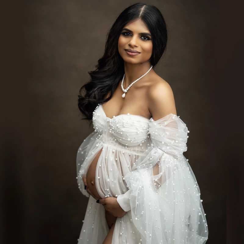 French Fairy Glitter Mesh Maternity Dress Off-Shoulder High Slit Long Pregnancy Photoshoot Atmosphere Gown