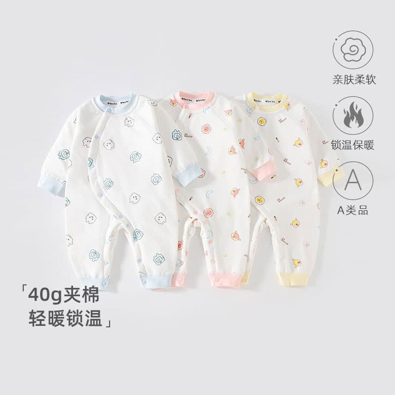 Wobble Duck Baby Spring and Autumn Cotton Class A Newborn Thermal Insulation Cotton-Padded Side-Opening Button Romper