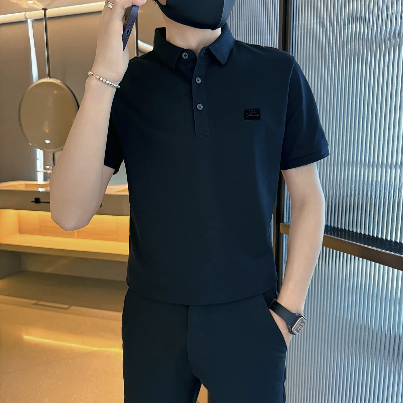 2026 Summer Velvet Embroidered LoGO Short Sleeve T-Shirt Lapel Polo Shirt T999-P45 Black White Light Gray Gray