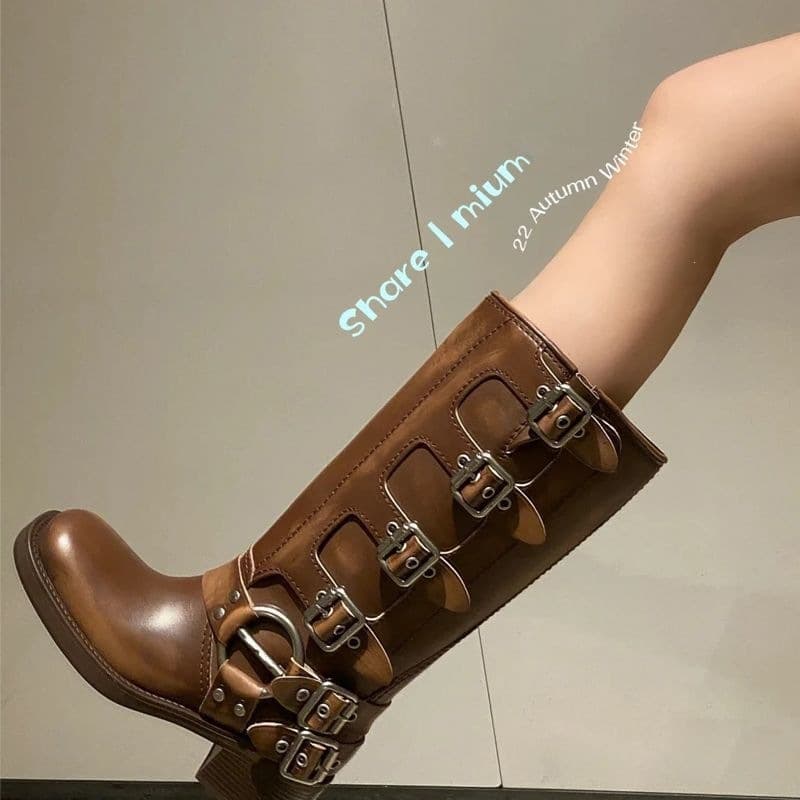 Brown Leather Long Boots, Wide Calf, Knee-High, Punk Miu Boots, Vintage Retro Motorcycle Boots for Women