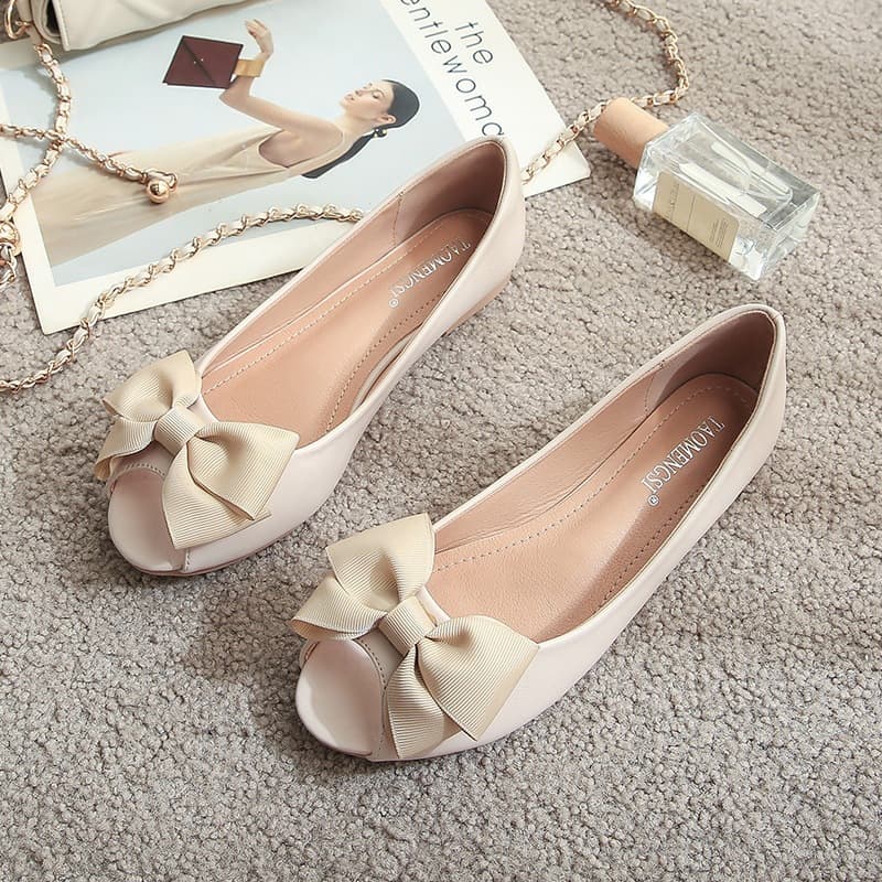 U16 Huidong Yixinda Flat Bean Toe Shoes for Women 2025, Soft Leather Peep Toe, Mother Shoes, Bow Flat Shoes