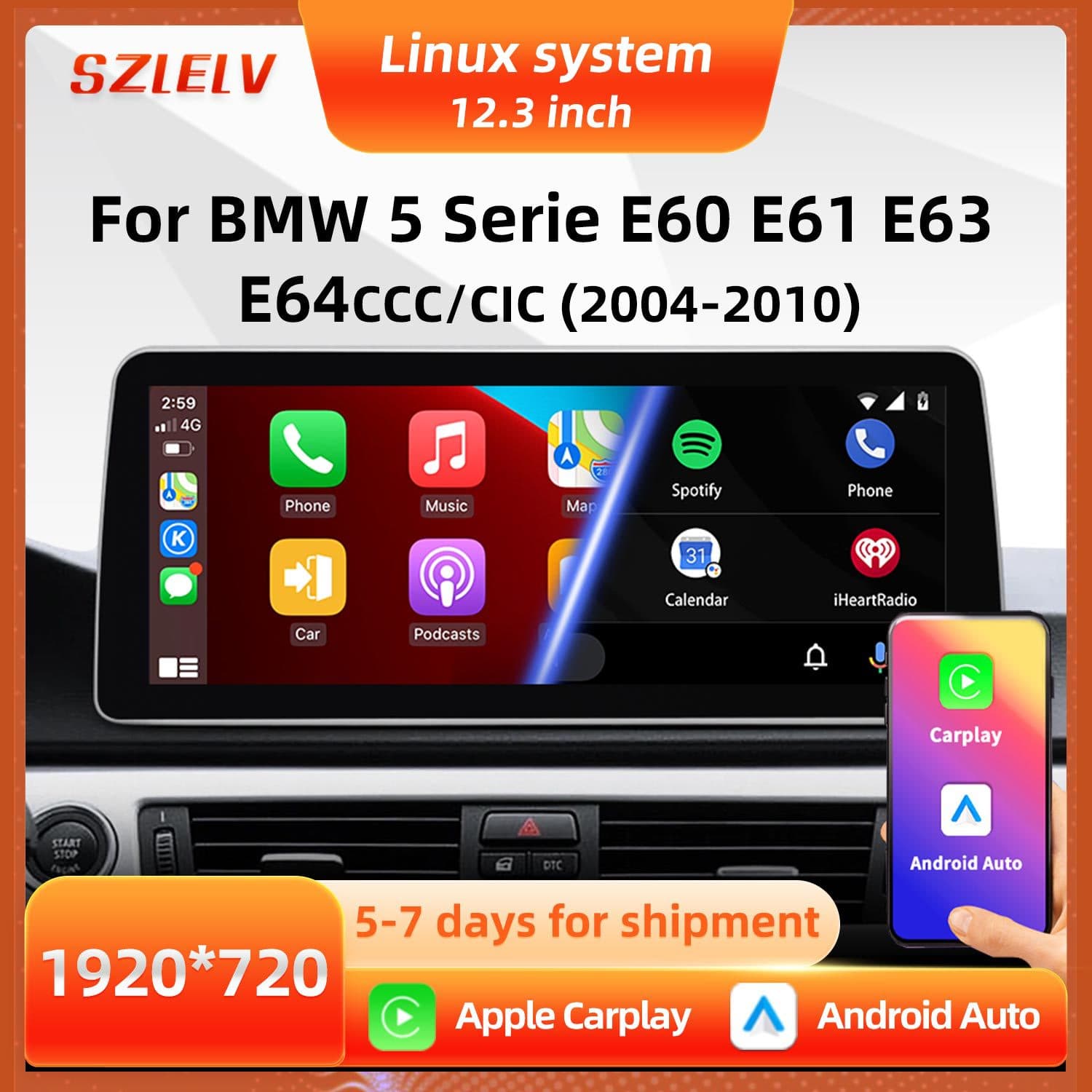 12.3 inch Carplay Bluetooth Central Control Screen Navigation Video Player for BMW 5 Series E60 E61