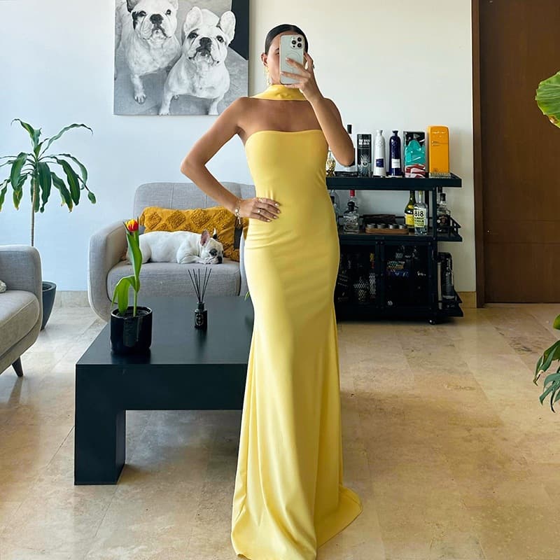 2026 European and American Women's Summer New Solid Color Adjustable Halter Bodycon Long Dress Cross-border Evening Gown