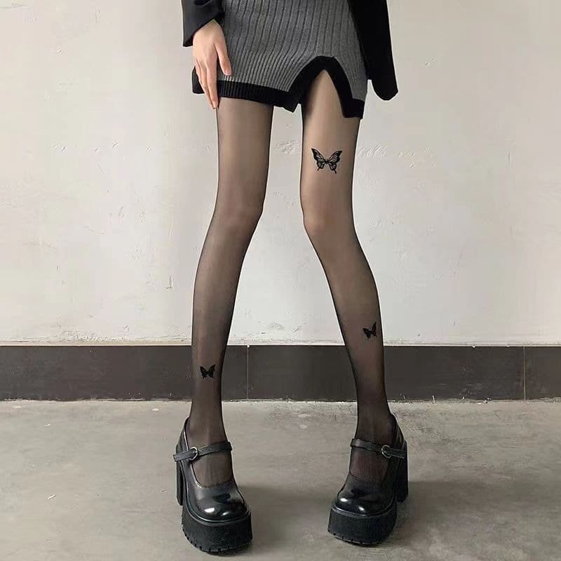 Three Black Butterfly Pattern Printed Sexy Stockings Tights New Long Goddess Black Stockings