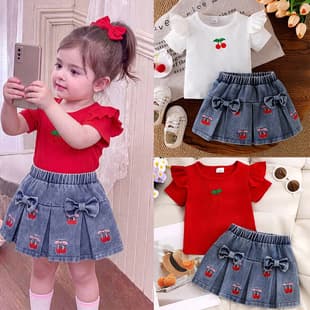 2026 Summer Kids Girls Outfit Set for Cross-border EU/US Export, Ins Style Flutter Sleeve Cherry Print Denim Skirt Two-Piece Set
