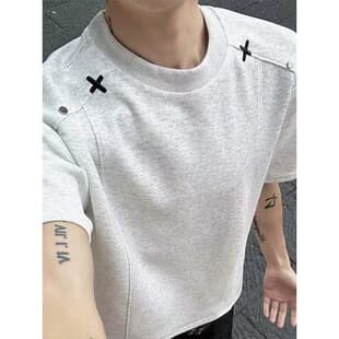 American Design High-End Metal Rivet Short Sleeve Loose T-Shirt for Men, Shoulder-Padded Top Casual Half-Sleeve Summer Clothes
