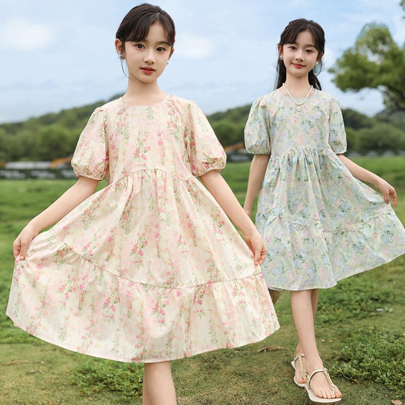 Girls Summer Cotton Floral Print Dress 2024 New Style Children's Fashionable Cute Princess Dress Long Skirt