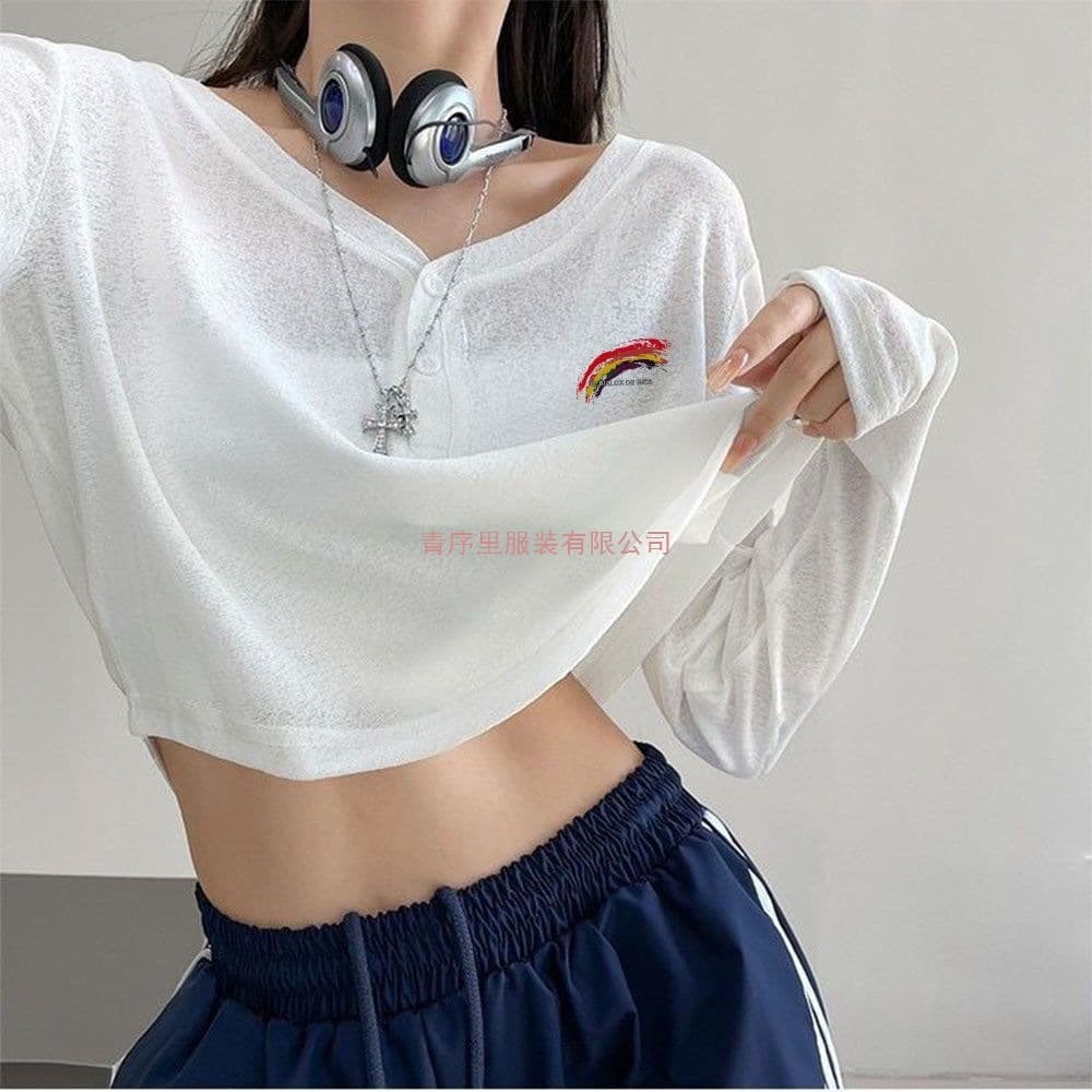 White T-Shirt Summer Thin Short Women Loose Top Slightly See-Through Cover-Up Sun Protection Long Sleeve Jazz Dance Top White