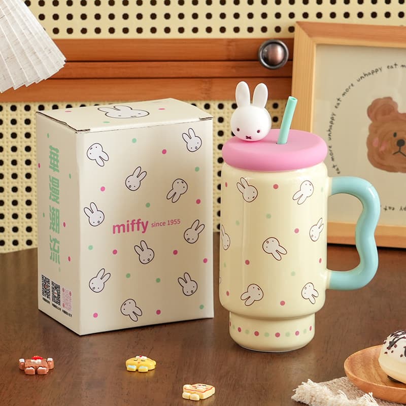 Genuinely authorized Miffy Rabbit large-capacity high-value straw ceramic mug for home use as a birthday gift cup for girls