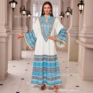 New Cross-Border Trade White-Blue Ethnic Stripe Print Cream White Tassel Flared Sleeve Women's Dress