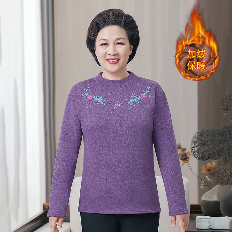 Winter New Style Hot-fix Rhinestone Velvet Warm Clothing Fleece T-shirt Base Shirt Thickened Middle-aged and Elderly Mom Cold-proof Autumn Wear