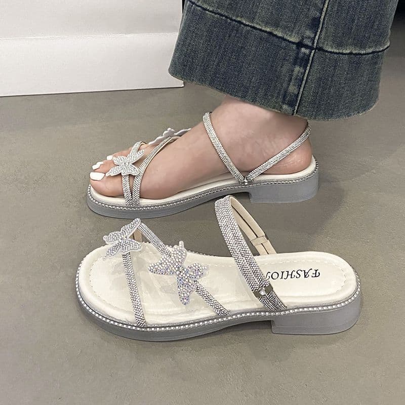 2024 Summer New Style Beautiful Women's Slippers Cyber Popular Beach Butterfly Rhinestone Two-Piece Slide Fairy Style Sandals