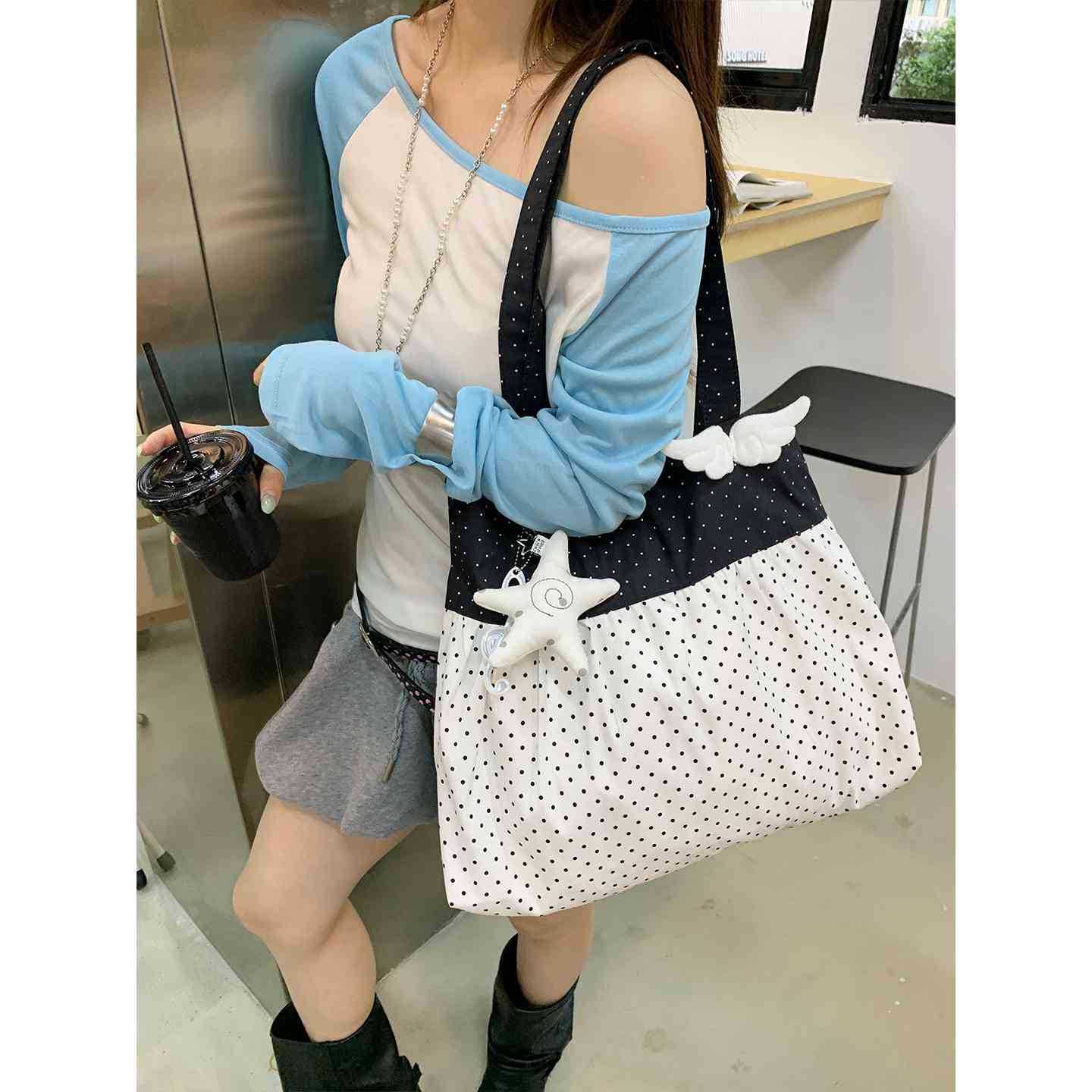Korean Lazy Style Black and White Contrast Polka Dot Wing Hem Bag Women's Light Asian Style Tote Bag Large Capacity Shoulder Bag