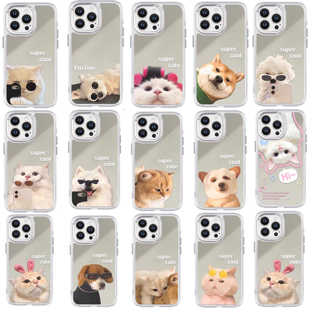 Cute Cat Dog Influencer Pet iPhone 16 Mirror Phone Case Apple 18PM High-Value Makeup Mirror Phone Cover