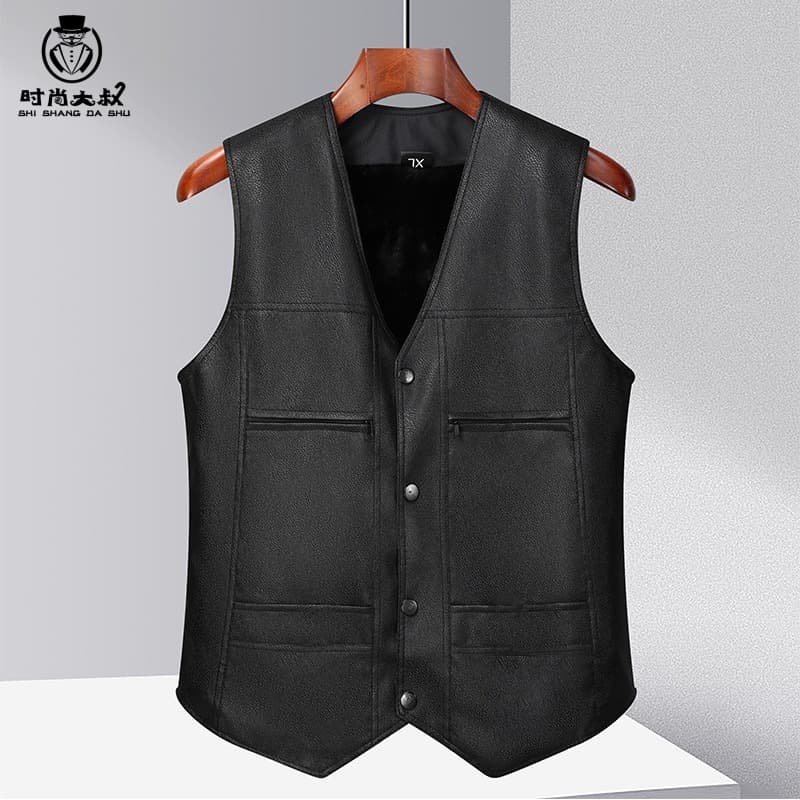 Men's Leather Vest for Middle-Aged and Elderly, Autumn and Winter, Fleece-Lined Heat-Generating Vest, Father's Warm Shoulder Jacket, Live Stream Hot Selling Item