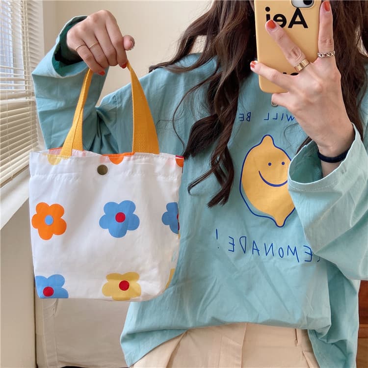 Floral Mini Canvas Tote Bag Casual Ladies Handbag Fresh Sweet Style Polyester Material Small Square Bag Magnetic Buckle Opening