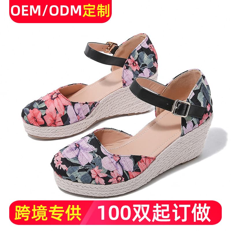 2023 European and American Spring Autumn Foreign Trade Wedge Heel Sandals, Rope Woven Closed Toe Platform, Floral Fabric Women's Peep Toe Shoes