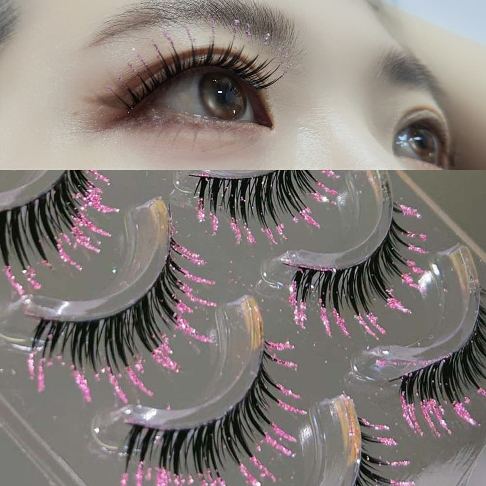 Sparkling Pink Rhinestone False Lashes Thick Curled Music Festival Concert All-Purpose Black Band Lashes