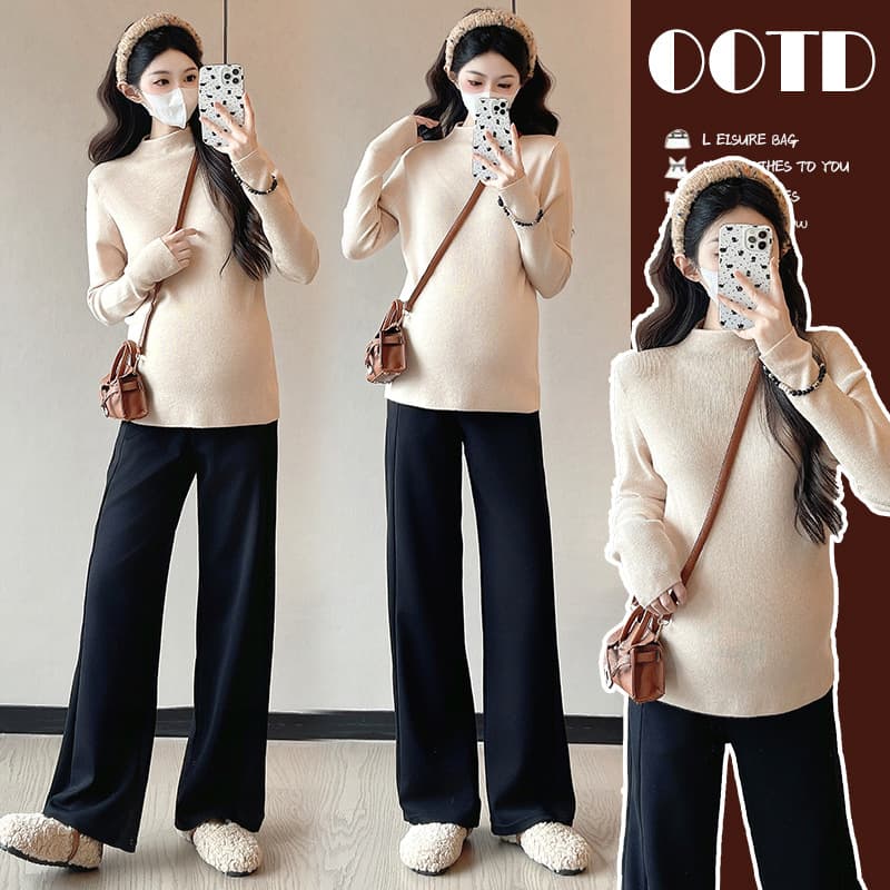 Maternity Autumn/Winter New Slimming Half-Neck Stretchy Versatile Base Layer, Korean Version Bodycon Simple Fashion Knit Top