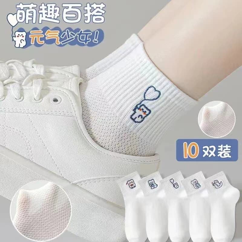 Socks Women's Spring and Autumn Thin Mesh Breathable Women's Socks Cartoon Cute Girls Summer White Short Socks Ins Trendy Zhuji