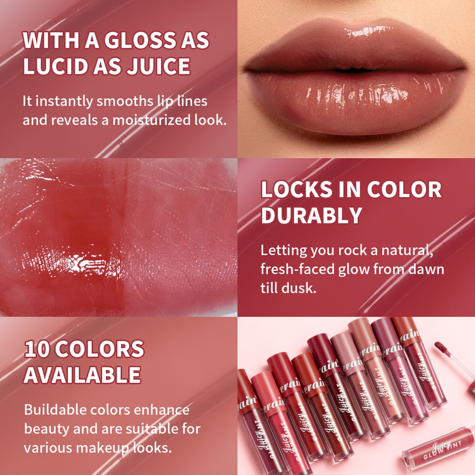 Cross-border Lakerain Juice Mirror Water Glossy Lip Glaze 10 Colors Liquid Silky Lightweight Lipstick Long-lasting Waterproof Lip Gloss