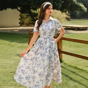 European and American cross-border plus size women's printed dress, short sleeve, cinched waist, A-line long dress, French vintage bestseller