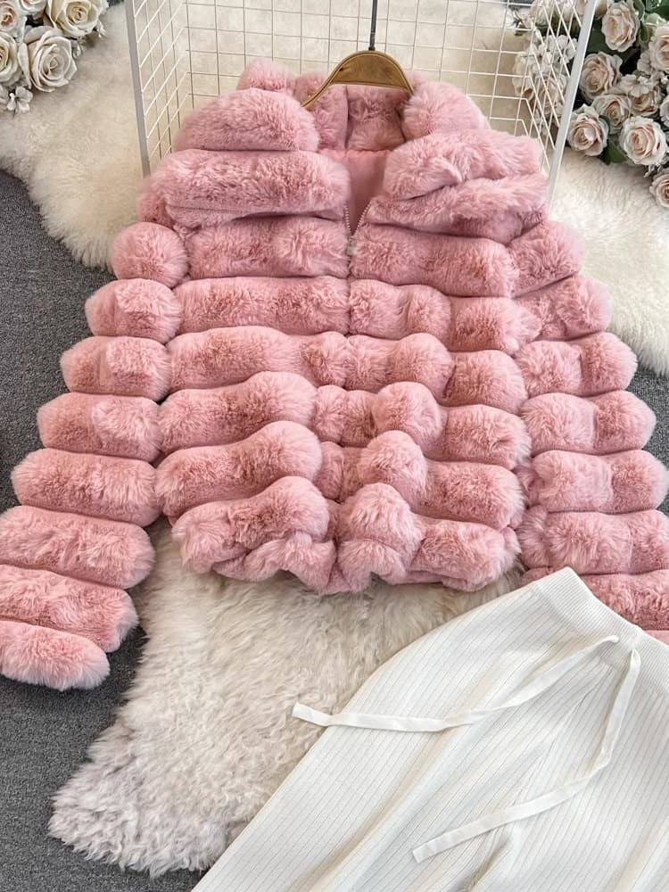 Cross-border Fashion Set Women Totoro Lapel Furry Short Jacket Pink Eco-friendly Faux Fur Two-piece High-waist Wide-leg Pants
