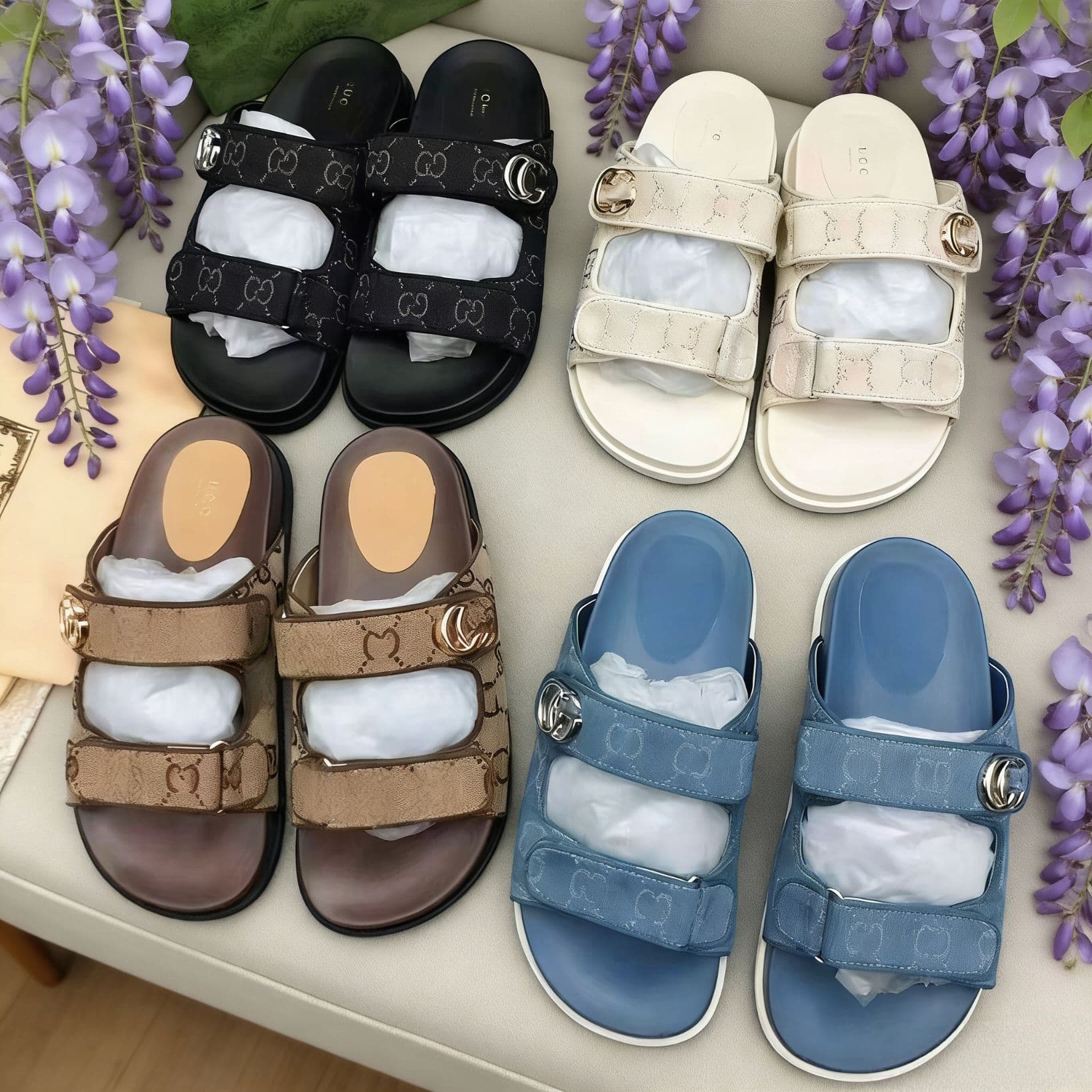 2026 Spring Flat Casual Beach Sandals and Slippers Lujia New Genuine Leather Embroidery Printed Thick-soled Velcro Slippers for Women