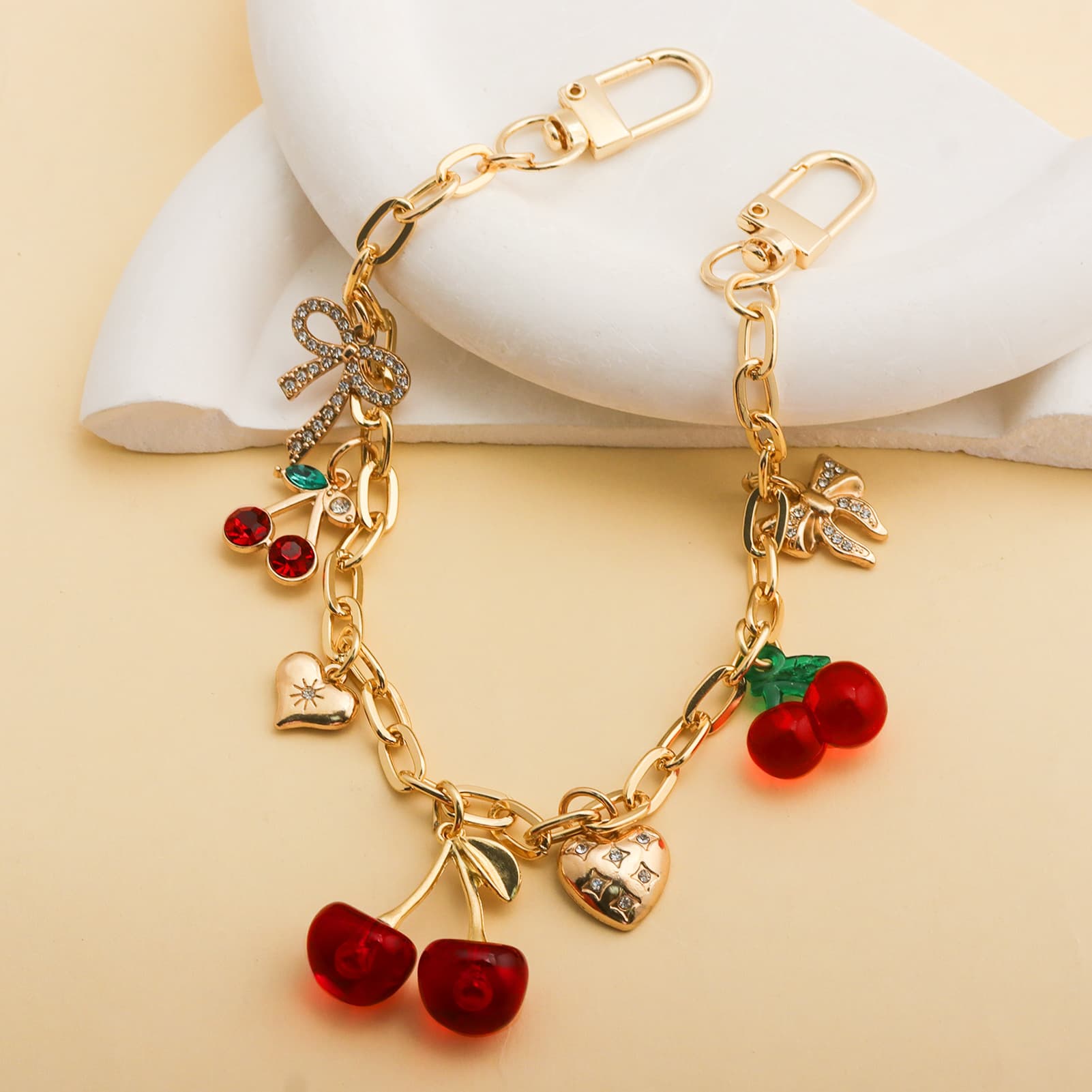 Women's New Sweet Cute Rhinestone Cherry Heart Bow Bag Decoration Chain Extension Chain Accessory