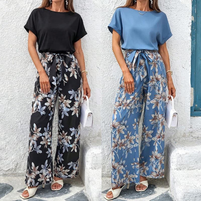 Overseas Trade European and American Women's Fashion 2026 Summer Loose Casual Wide-Leg Pants Printed Round Neck Patchwork Jumpsuit