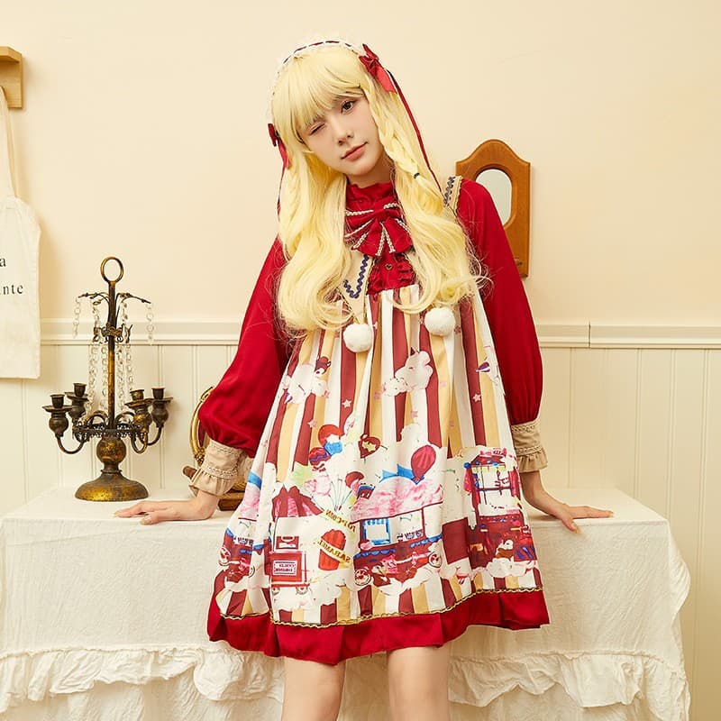 New Year style Lolita dress, popcorn cute Lolita tiered long-sleeve dress, Christmas New Year four-season style.