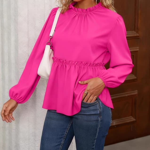 2025 Fall/Winter New Arrival European and American Women's Street Fashion Round Neck Pleated Poplin Ruffle Blouse
