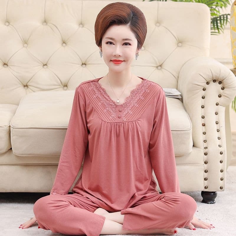 Premium Modal Cotton Pajamas for Women, Spring and Autumn Long-Sleeve Pullover Plus-Size Loose Set, Middle-Aged and Elderly Mom Loungewear