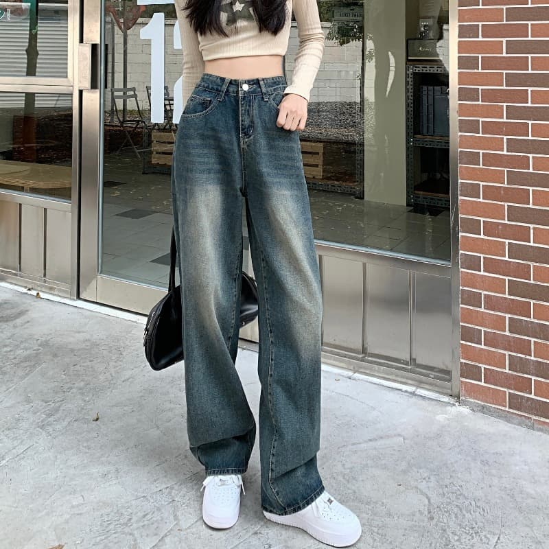 Vintage Jeans Women's Loose-fit Straight-leg Long Pants Petite Niche Design Sensibility Pear-shaped Body Type Trendy