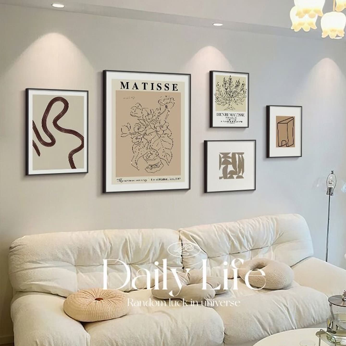 French Cream Style Living Room Painting Set, Ins Style Sofa Background Wall Decorative Painting Abstract Art Line Mural