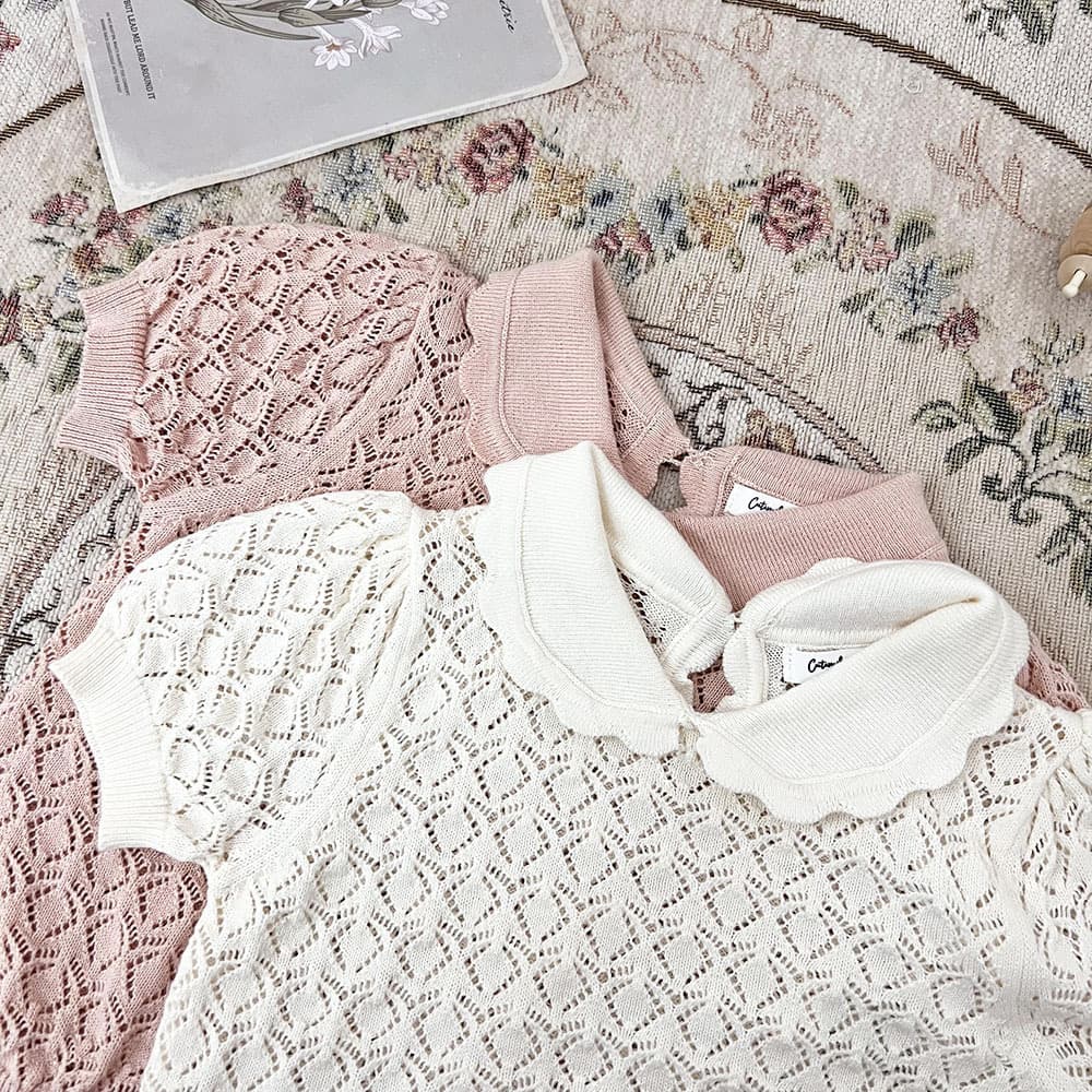 Cutemily Spring/Summer Ins Baby Girl Pullover Ruffle Collar Hollow Knit Top Thin Cute Knit Short Sleeve