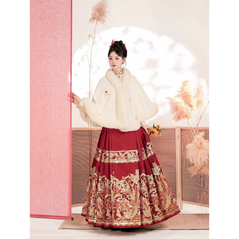 【Furry Cape】Phoenix Feather Red Heavy-Embellished Horse-Face Skirt Women's Banquet Dress for Engagement/Wedding, New Chinese Style