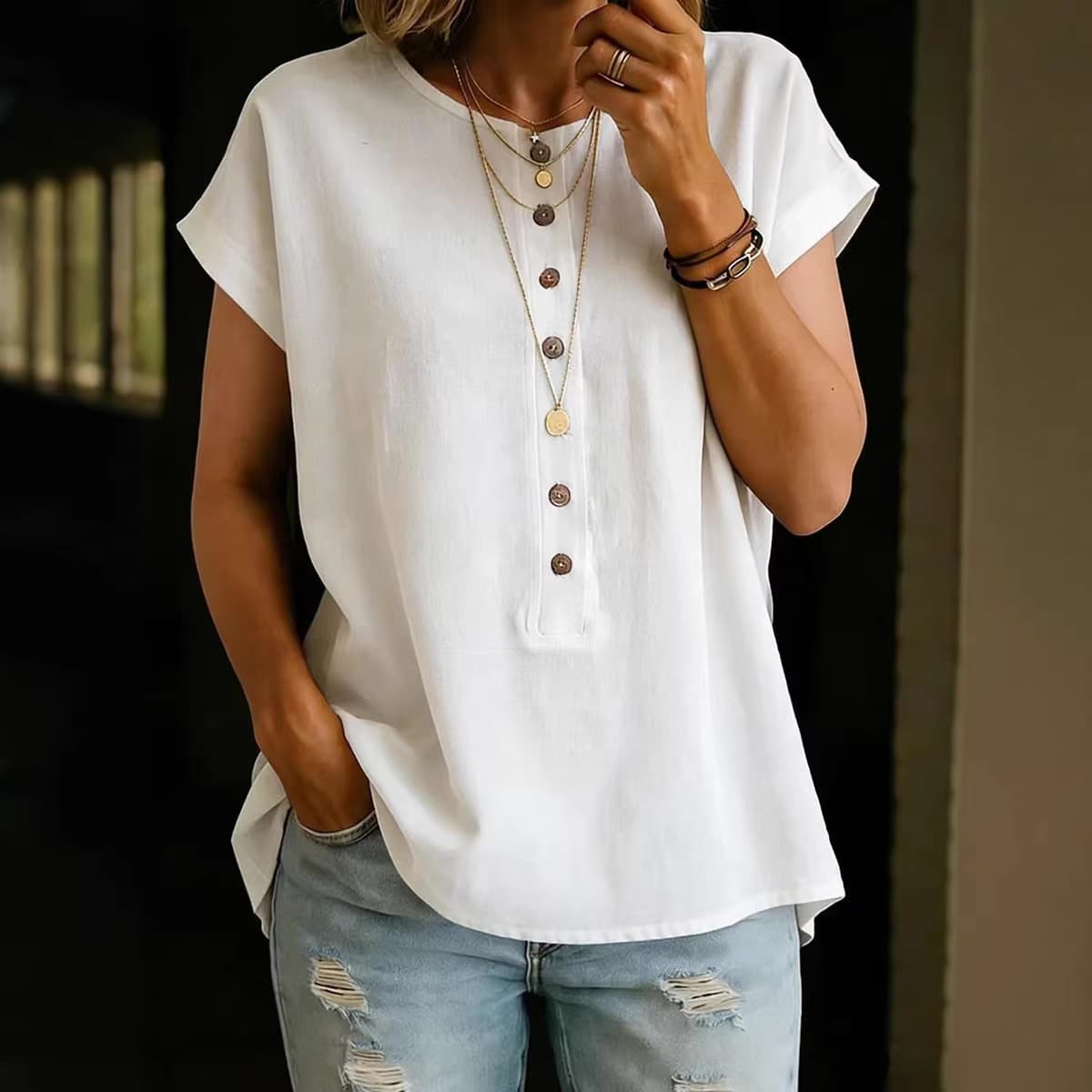 2026 Amazon Wish Cross-Border New Spring/Summer Women's Top Solid Color Button Fashion Short Sleeve