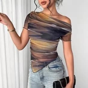 Women's New Fashion Daily Pleated Off-Shoulder Short-Sleeve Tie-Dye Mesh Print Asymmetric Hem T-Shirt