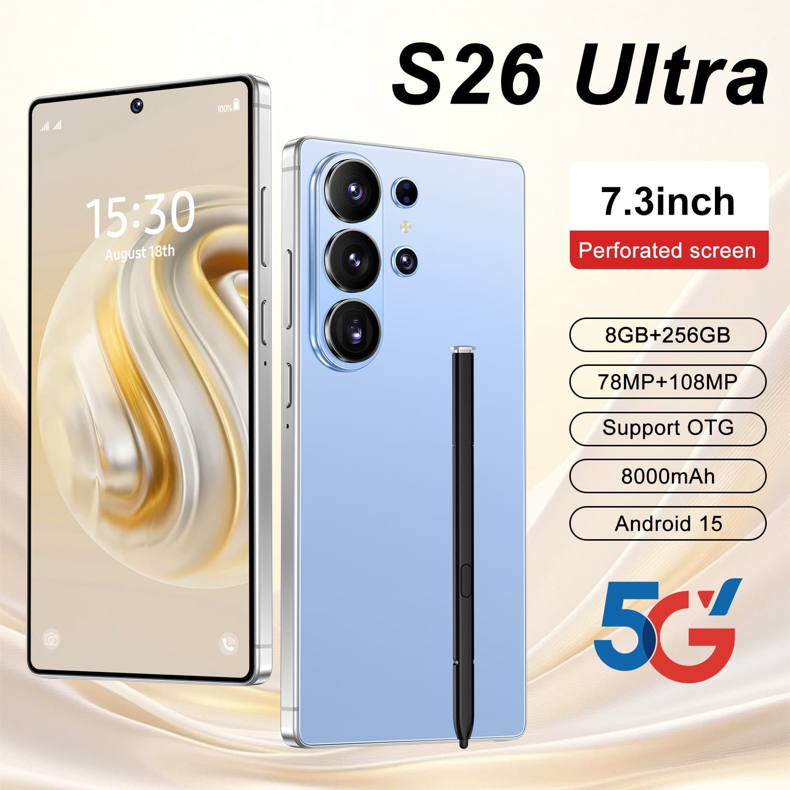 The S26 Ultra is a new smartphone with a built-in stylus, featuring a 6.8-inch punch-hole display, 8GB RAM + 256GB storage, true 4G network connectivity, and Android 15.