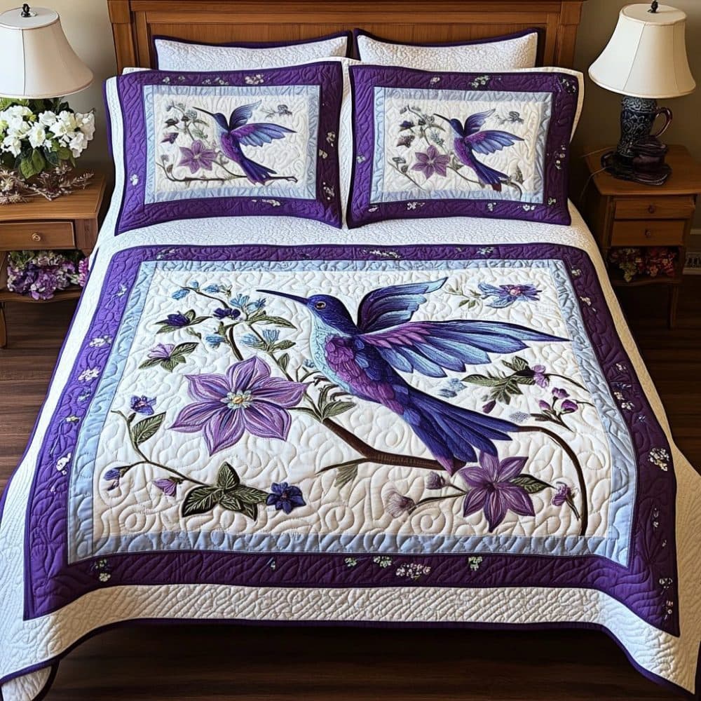 Cross-border 3-Piece Purple Hummingbird Bedspread 3D Digital Print Quilted Bed Cover Custom Photo Amazon Foreign Trade Bedding