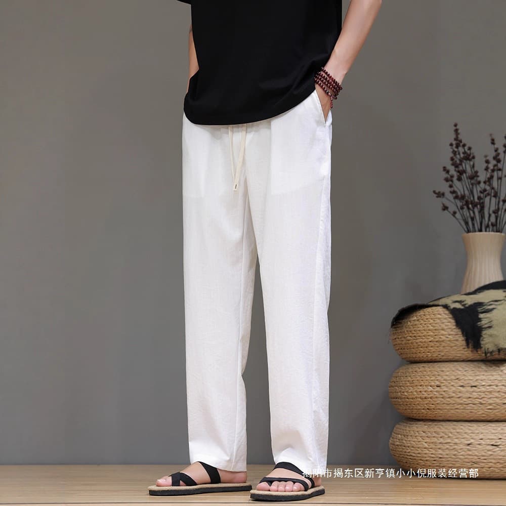 Chinese style men's autumn thin linen casual pants loose straight wide leg pants solid color casual versatile long pants